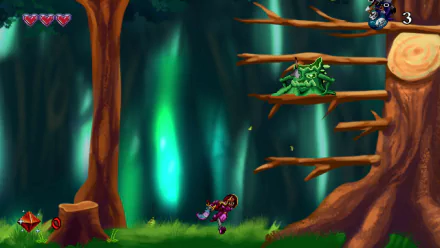 HD wallpaper featuring a scene from 'Arzette: The Jewel of Faramore' video game with a character navigating through a mystical forest environment with platforms and an enemy creature.