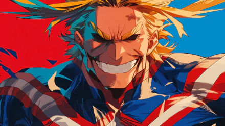 HD desktop wallpaper featuring All Might from My Hero Academia with a vibrant red and blue background.