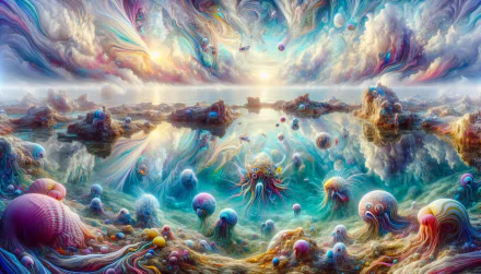 A vibrant tide pool scene filled with colorful marine life, reflecting a dramatic sky and creating a mesmerizing, dreamlike atmosphere for an HD desktop wallpaper.