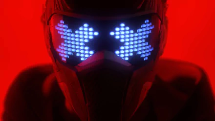 HD wallpaper featuring a character with a glowing digital mask from the video game The Finals, set against a red background.