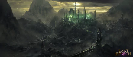 HD desktop wallpaper of a mystical castle from the video game Last Epoch, set against a mountainous backdrop with eerie green lighting.