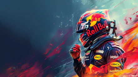 Vibrant HD desktop wallpaper featuring a Red Bull Racing F1 driver's helmet against an abstract, dynamic backdrop.