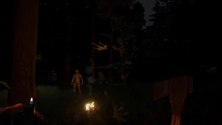 HD wallpaper of Sons of the Forest game featuring a nighttime scene with characters around a campfire in a forest setting.