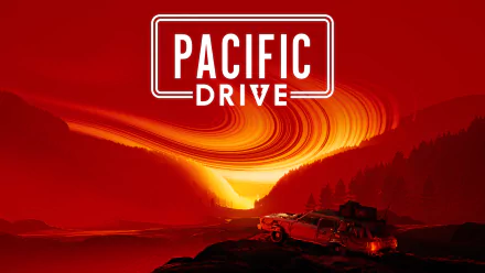HD desktop wallpaper featuring Pacific Drive video game with a vibrant red and orange sunset backdrop and stylized title text.