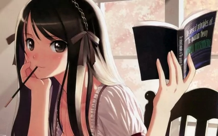 Anime girl with black hair and eyes is sitting by a window, holding a book while thoughtfully biting a pencil. The setting provides a warm, serene atmosphere, making it an inviting HD desktop wallpaper background.
