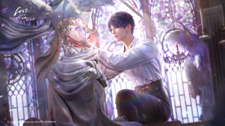 HD desktop wallpaper from the video game Love and Deepspace, featuring a character interacting with a statue in a beautifully lit, ethereal setting.