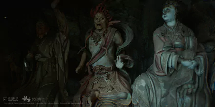 HD desktop wallpaper featuring intricate statues from the video game Black Myth: Wukong, showcasing detailed character art as a dark, atmospheric background.
