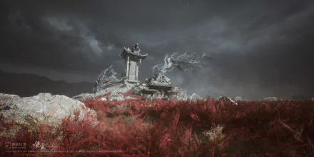 HD desktop wallpaper featuring a serene temple scene from Black Myth: Wukong video game with dramatic red foliage and moody skies.