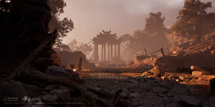 HD desktop wallpaper featuring a scenic view from the video game Black Myth: Wukong, showcasing ancient temple ruins amidst rocky landscape.