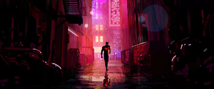 HD PC wallpaper featuring Terry McGinnis as Batman Beyond in a neon-lit alley, blending the Batman Beyond universe with Bruce Wayne's legacy.