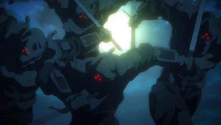 HD Ninja Kamui anime wallpaper featuring an intense battle scene with ninjas in the dark, highlighted by a luminous sword clash.