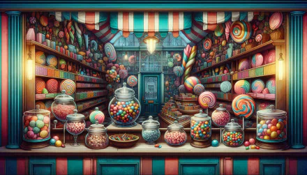 HD desktop wallpaper featuring a colorful candy store with assorted sweets and striped decorations.