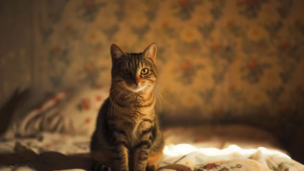 A serene cat sits gracefully on a patterned bedspread, bathed in warm light, creating a cozy atmosphere. This image serves as an HD desktop wallpaper option for cat lovers.