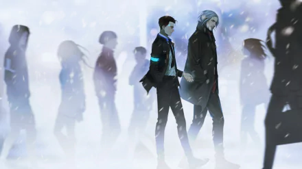 HD wallpaper featuring characters from the video game Detroit: Become Human, with a stylized crowd in the background.