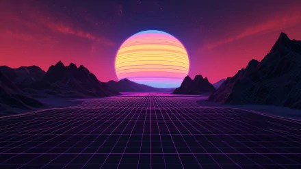 Retro-style HD desktop wallpaper featuring a vibrant synthwave sunset with a large sun over a grid landscape and mountain silhouettes.