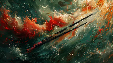 HD desktop wallpaper of chopsticks amidst a vibrant splash of red and green, evoking an abstract artistic scene.