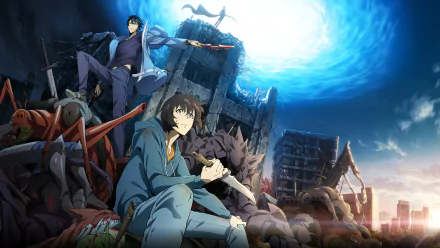 HD wallpaper featuring Sung Jin-Woo from Solo Leveling anime with a dynamic battle scene in the background.