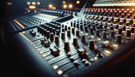 A close-up of a music mixer, showcasing intricate knobs and controls, set against a blurred background of soft lights. This HD wallpaper captures the essence of sound design.