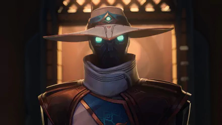 HD desktop wallpaper featuring Cypher from Valorant video game, posing with his iconic hat and mask against a dimly lit background.