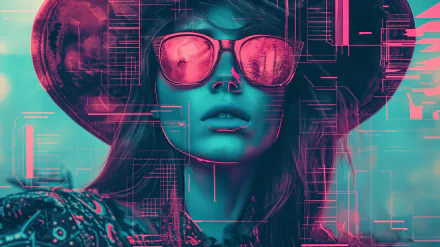 Stylish hipster girl with sunglasses in a vibrant HD desktop wallpaper featuring abstract graphics and cool tones.