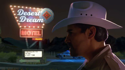 As Dusk Falls video game HD wallpaper featuring a profile view of a character with a cowboy hat against the backdrop of the Desert Dream Motel sign at night.