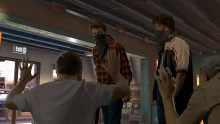 HD wallpaper featuring a tense scene from the video game As Dusk Falls with characters in a dramatic standoff.