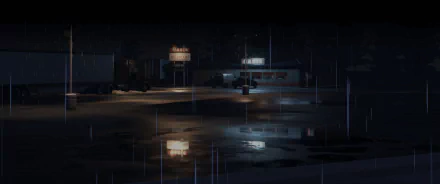 HD wallpaper of a quiet nighttime scene from the video game As Dusk Falls, featuring a dimly lit street and a neon sign over a building.