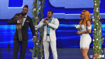 HD wallpaper from WWE 2K24 featuring in-game characters dressed elegantly, with one holding a championship belt and another holding a microphone, against a blue stage backdrop.