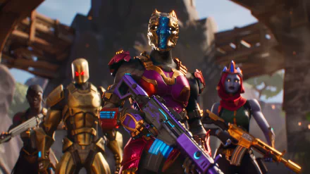 HD wallpaper of Fortnite Battle Royale characters ready for action, featuring a player in an armored outfit wielding a futuristic weapon with teammates in the background.
