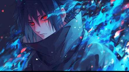 A striking HD wallpaper featuring Sasuke Uchiha from Naruto, showcasing his Sharingan against a backdrop of swirling blue flames.
