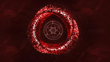HD wallpaper featuring an artistic representation of the Mangekyō Sharingan from the anime Naruto, showcasing intricate patterns in a vivid red color.