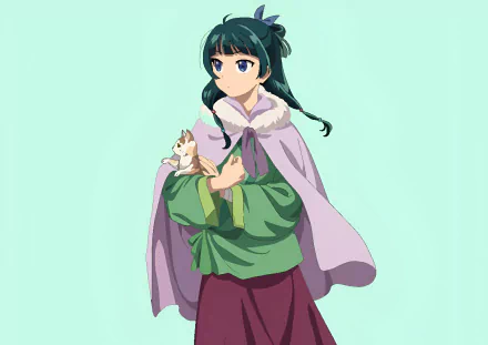 HD anime desktop wallpaper featuring Maomao from The Apothecary Diaries, holding a small animal against a soft mint green background.