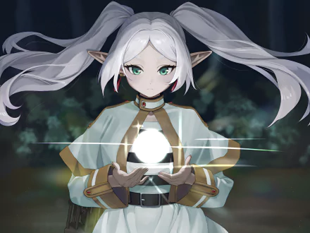 Anime-style HD desktop wallpaper featuring Frieren from Frieren: Beyond Journey's End, holding a glowing orb with a focused expression against a dark background.