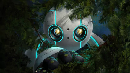 HD desktop wallpaper featuring a curious robot peeking through lush green foliage, from the movie 'The Wild Robot'.