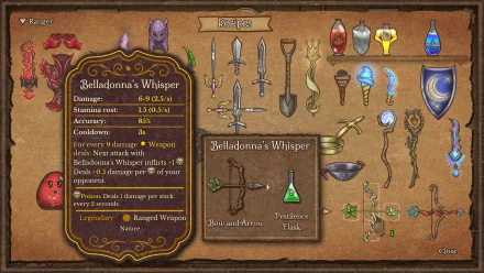 HD desktop wallpaper featuring Backpack Battles video game inventory screen with 'Belladonna's Whisper' weapon details and various in-game items like potions, weapons, and shields.