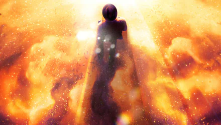 A dramatic HD wallpaper from the movie Oppenheimer, featuring a figure silhouetted against an explosion of golden light and swirling clouds, evoking a powerful atmosphere.
