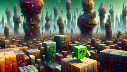 HD desktop wallpaper featuring a green animated character in a vibrant cubic landscape with futuristic towers.