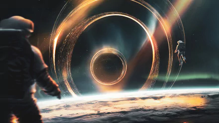 A 4K Ultra HD digital art space scene showing an astronaut floating near a glowing circular structure above a planet's surface.