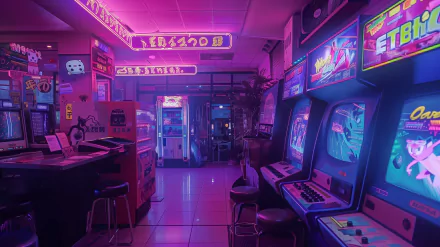 HD desktop wallpaper of a neon-lit arcade room with retro gaming machines for a vibrant neon aesthetic background.