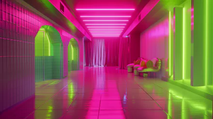 A vibrant interior room featuring a neon aesthetic, with pink and green lights illuminating sleek surfaces and stylish furniture, creating a striking HD desktop wallpaper.