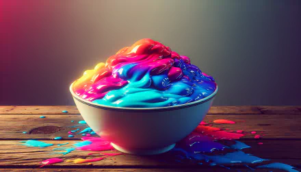 Colorful pudding in a bowl HD wallpaper with vibrant spills on wooden surface for desktop background.