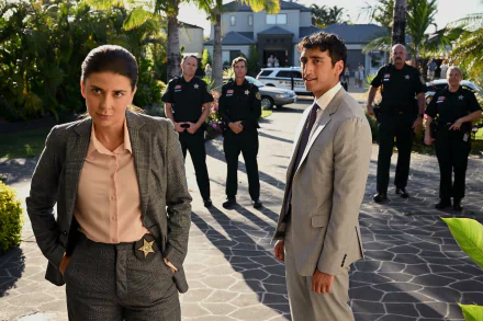 HD desktop wallpaper featuring a scene from the TV show Apples Never Fall with two main characters in the foreground and police officers in the background.