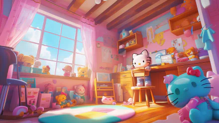 HD animated wallpaper featuring Hello Kitty in a cozy, sunlit room filled with Sanrio characters and pink decor.