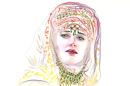 Digital painting of celebrity Eva Green adorned with intricate jewelry, featured as an HD PC desktop wallpaper and background.