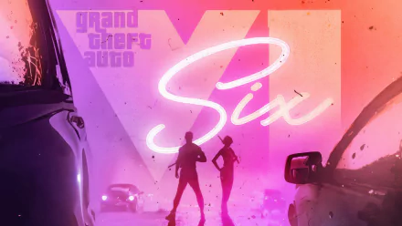 HD wallpaper featuring Grand Theft Auto VI (GTA 6) with a vibrant backdrop showcasing the game's neon logo and silhouettes of characters.