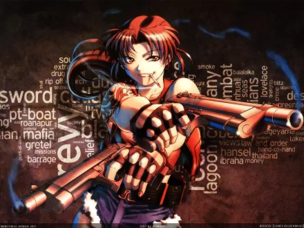 HD desktop wallpaper featuring Revy from the anime Black Lagoon, holding dual guns amidst a background of text related to the series.