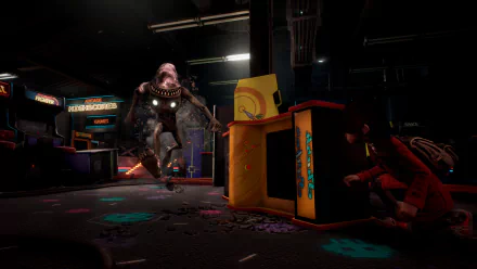 HD wallpaper featuring a suspenseful scene from the video game GYLT, with a character hiding from a menacing creature in a dimly lit arcade environment.