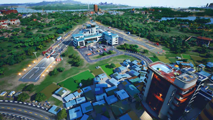 High-definition desktop wallpaper featuring a vibrant scene from the video game Cartel Tycoon with a bird's-eye view of a colorful urban landscape.