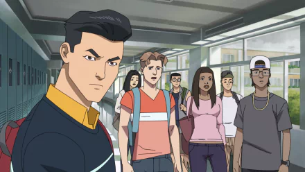 HD wallpaper featuring a scene from the animated TV show Invincible, with the protagonist and other characters in a high school setting.