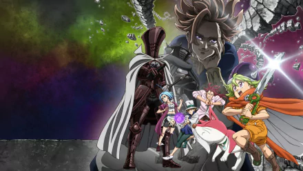 HD wallpaper featuring characters from The Seven Deadly Sins: Four Knights of the Apocalypse, showcasing vibrant colors and dynamic poses against a dramatic background.